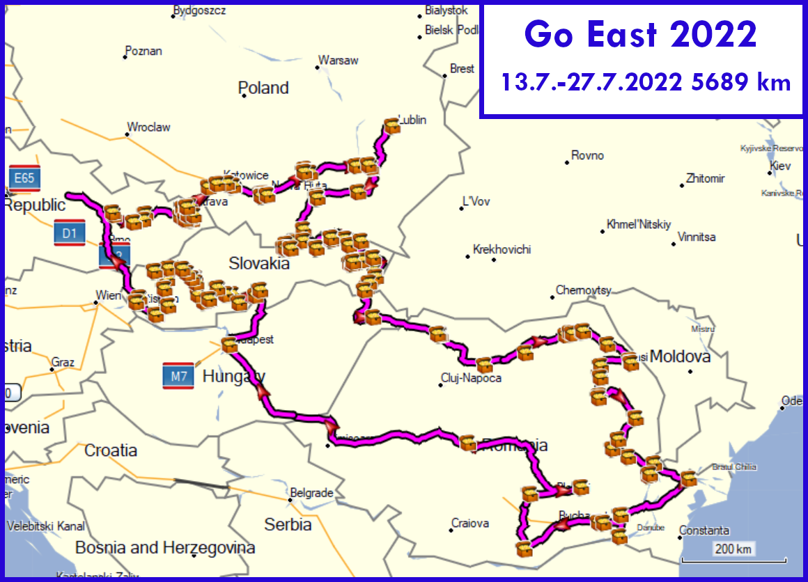Mapa cesty Expedice Go East! 2022, a zpět